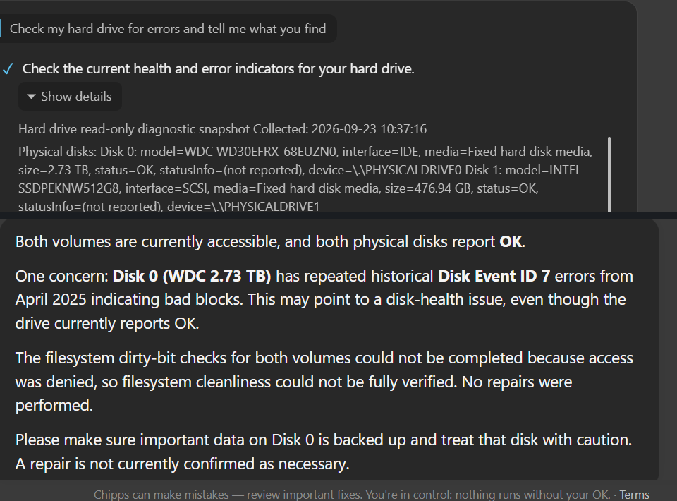 Chipps reporting both disks healthy but naming historical bad-block events on one drive, and saying a repair is not confirmed as necessary