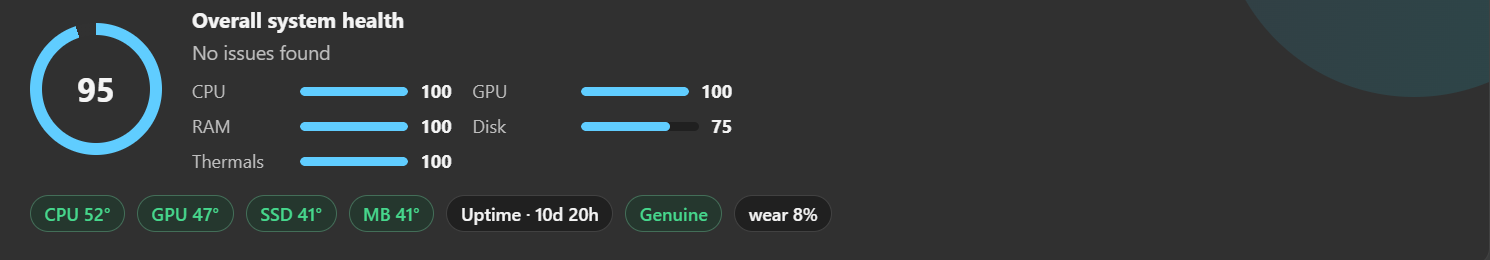 Chipps overall system health dashboard showing a score of 95 with CPU, RAM, GPU, disk and thermals ratings