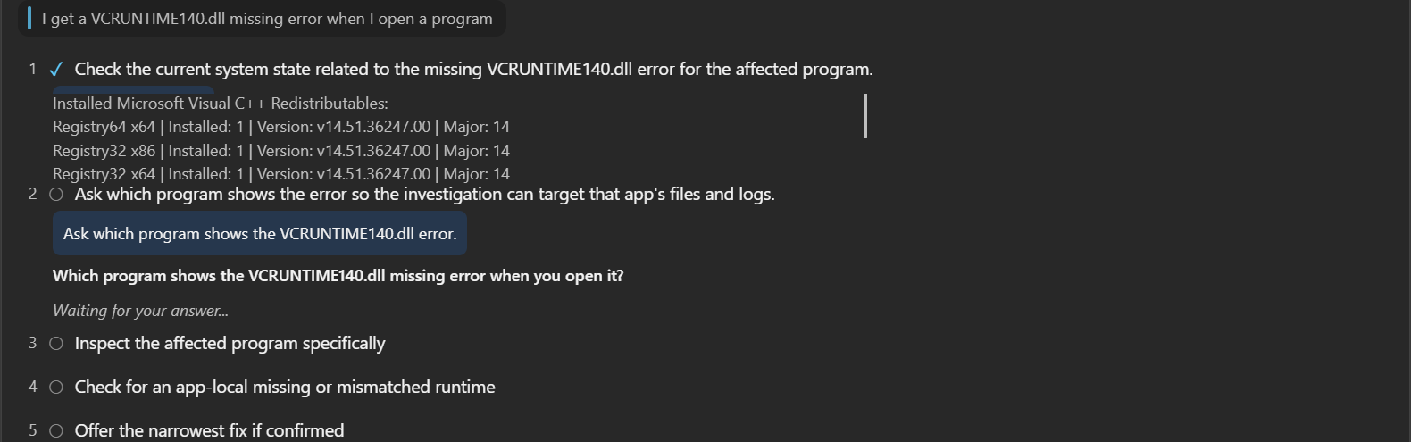 Chipps checking installed Visual C++ Redistributables and asking which program shows the VCRUNTIME140.dll error
