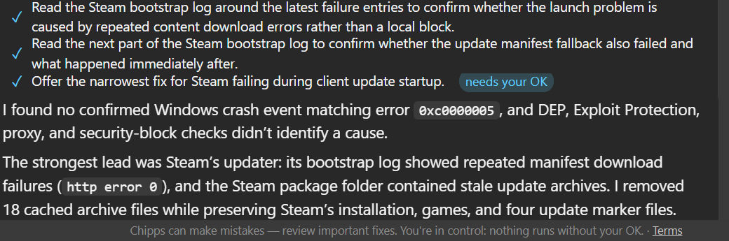 Chipps reading the program's own launch log and reporting honestly that it found no Windows crash event matching the error