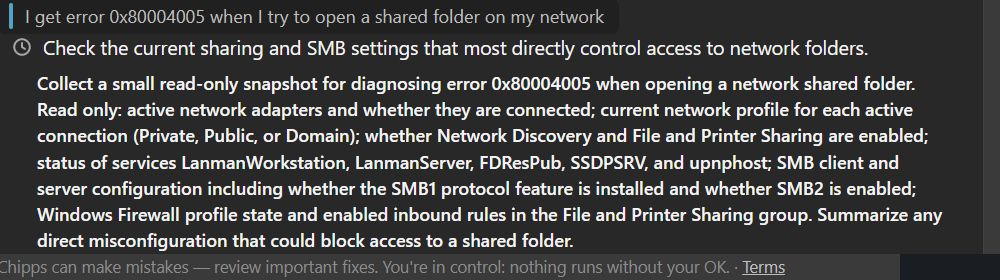 Chipps listing the sharing settings, SMB configuration, services and firewall rules it will read to diagnose error 0x80004005