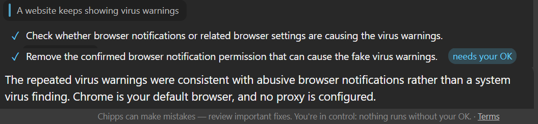 Chipps checking the browser notification settings and reporting that the virus warnings were abusive notifications, not a real virus