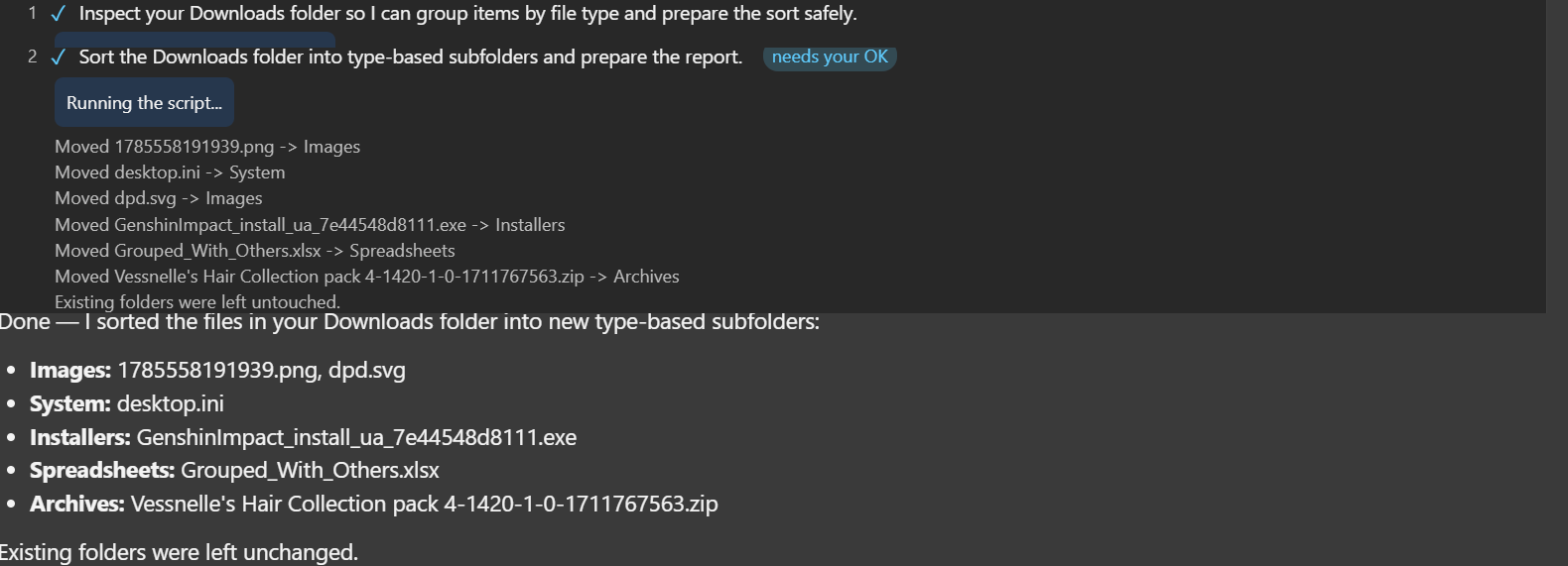 Chipps report after sorting the Downloads folder into type-based subfolders, listing every moved file