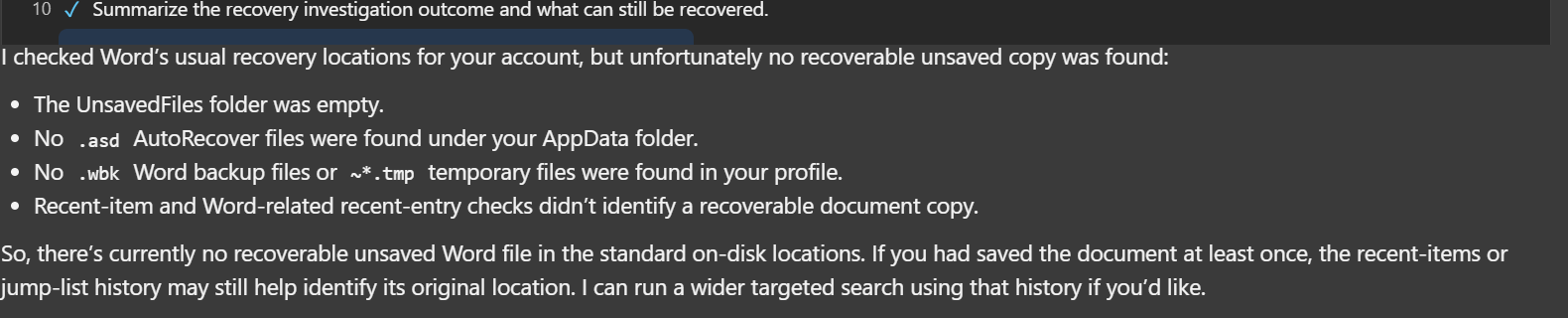 Chipps report after checking all Word recovery locations for an unsaved document