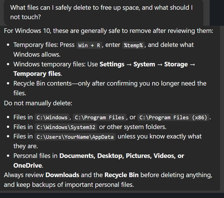 Chipps splitting its answer into files that are safe to remove and folders it says never to delete by hand