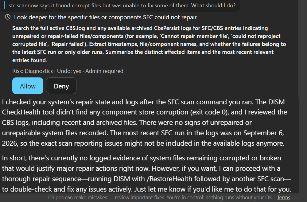 Chipps searching the CBS logs for the files SFC could not repair, then reporting that no logged evidence justifies a major repair