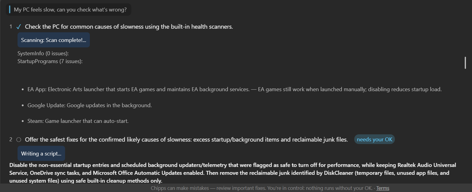 Chipps showing a plan to fix a slow PC with explanations for each startup program and a needs-your-OK badge
