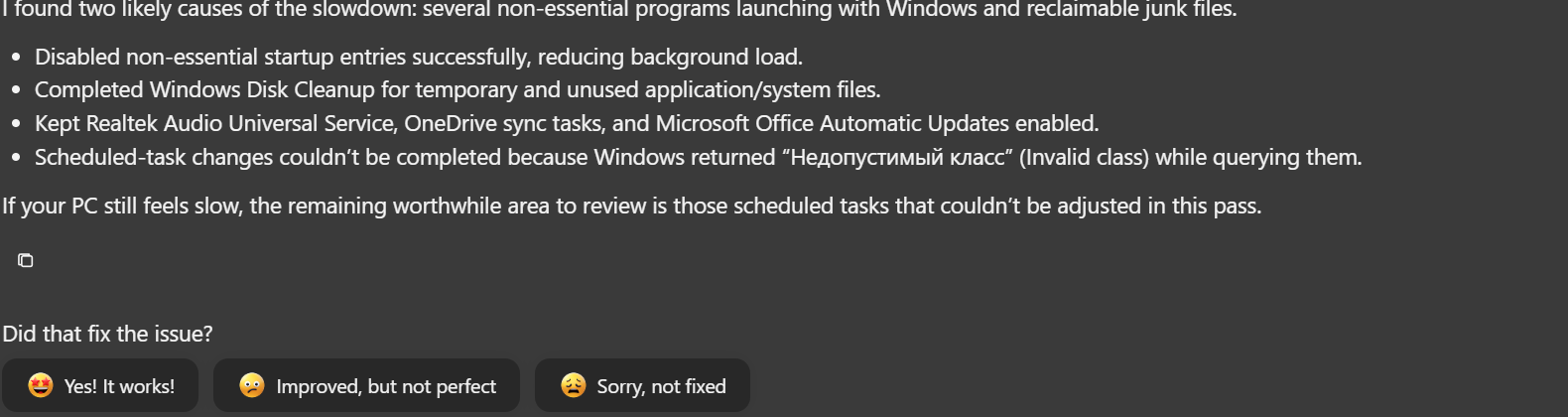 Chipps summary after fixing a slow PC, listing what was changed and what was kept enabled