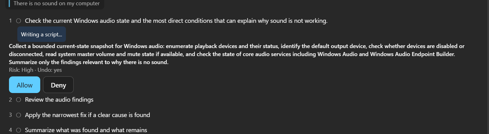 Chipps read-only audio diagnostic plan with an approval step