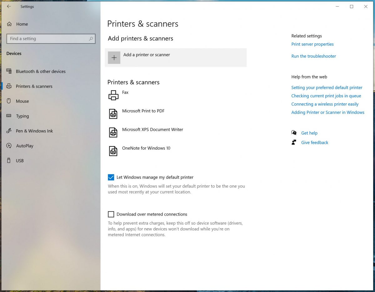 Add a printer or scanner button in Windows Printers and scanners settings