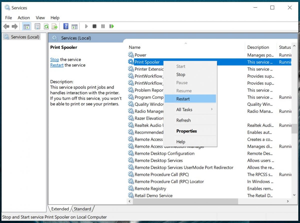 Restarting the Print Spooler service in the Windows Services window