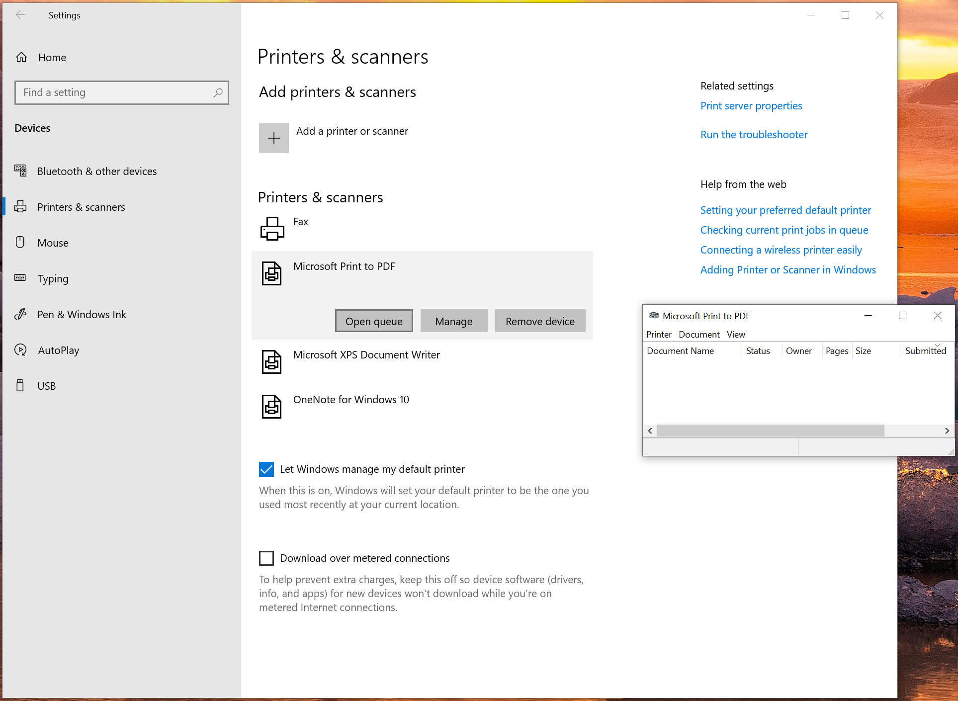 Printers and scanners settings with the print queue window open where the Use Printer Offline setting lives